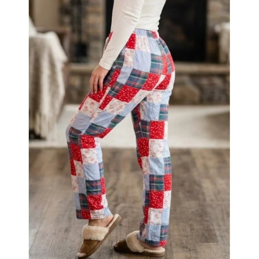 Aerie Size S Pajama Pants Patchwork Holiday Reindeer Multi Color Loungewear